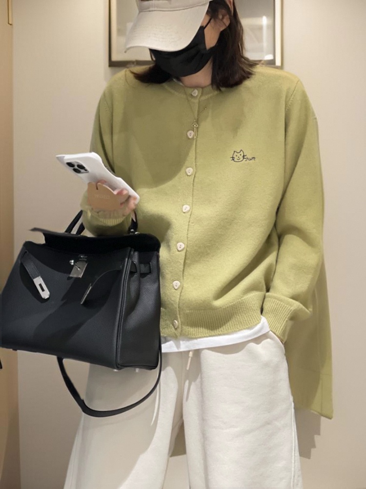 Avocado Green Embroidered Cat Round Neck Cardigan Women 2026 Fall Winter Layering Knit Sweater - Image 2