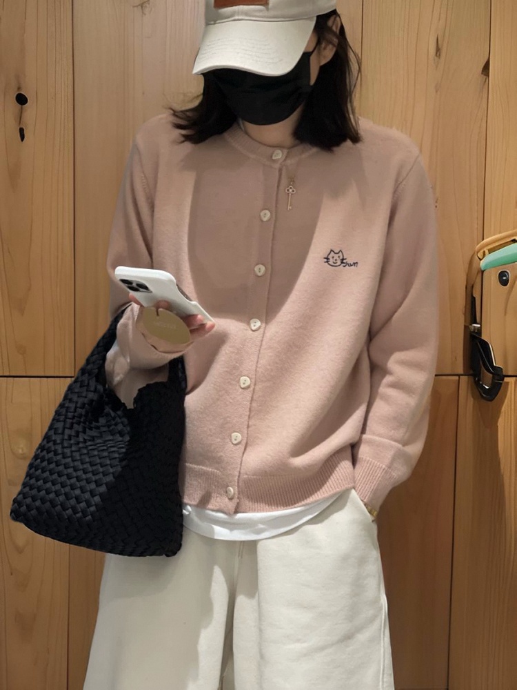 Avocado Green Embroidered Cat Round Neck Cardigan Women 2026 Fall Winter Layering Knit Sweater - Image 3