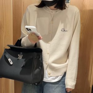 Avocado Green Embroidered Cat Round Neck Cardigan Women 2026 Fall Winter Layering Knit Sweater