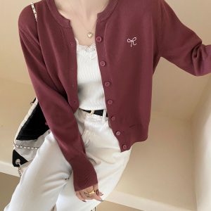 Women's Knit Cardigan Bow Embroidery Outerwear 2026 Winter