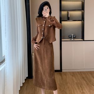 Women's 3-Piece Corduroy Skirt Set with Vest and Turtleneck Top