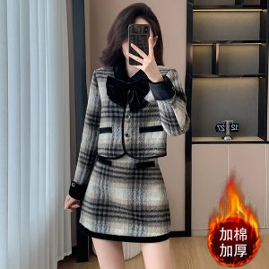 Women's Plaid Bow Wool Blend Padded Two-Piece Set