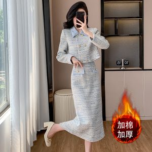 2024 Winter New Style Women's Two-Piece Set with Padded Cotton and Small Fragrance Style Jacket and Skirt