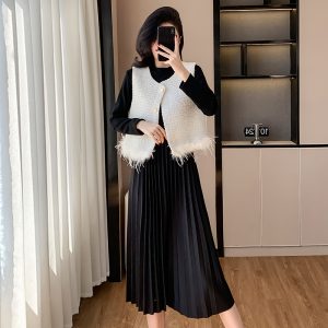 Women's 2024 Autumn Tweed Style Sequin Patchwork Vest and Pleated Dress Two-Piece Set