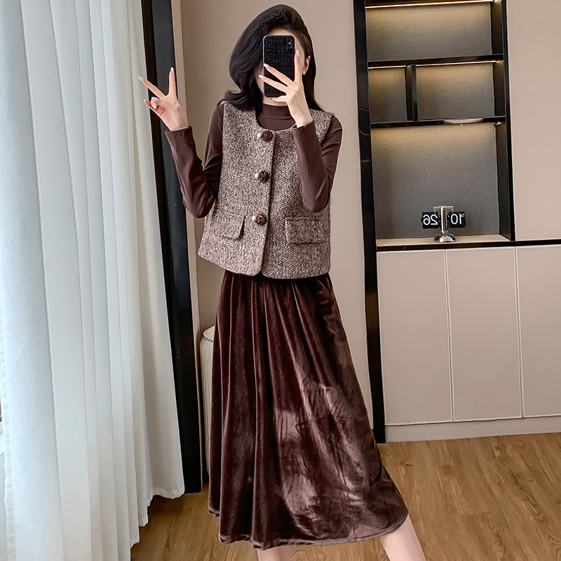Korean Style Thickened Velvet Vest and Dress Two-Piece Set for Women