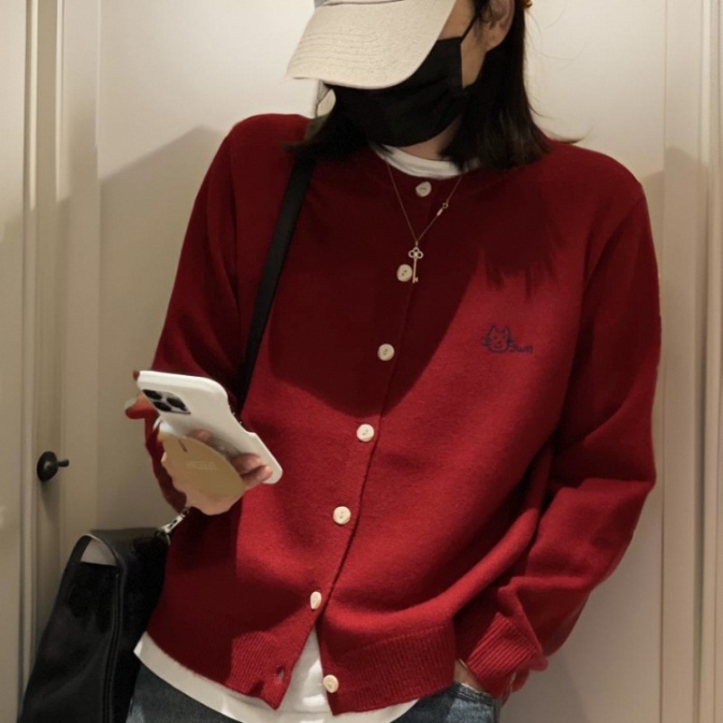Avocado Green Embroidered Cat Round Neck Cardigan Women 2026 Fall Winter Layering Knit Sweater - Image 5