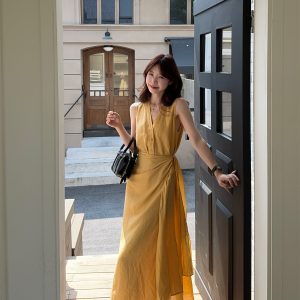 Lemon Yellow Sleeveless Tie-Waist A-Line Long Dress