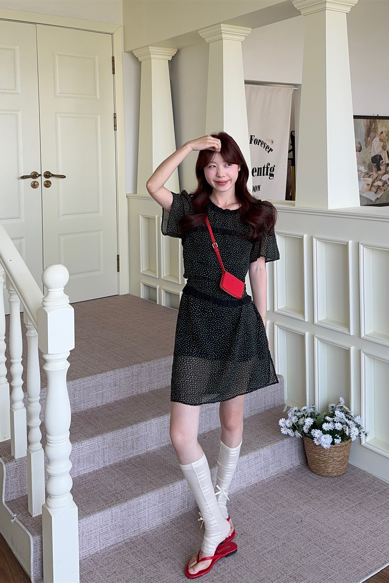 Sweet Puff Sleeve A-Line Dress with Headscarf Two-Piece Set - Image 5