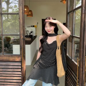 Sweet Vacation Style V-Neck Ribbon Polka Dot Cami Layered Dress