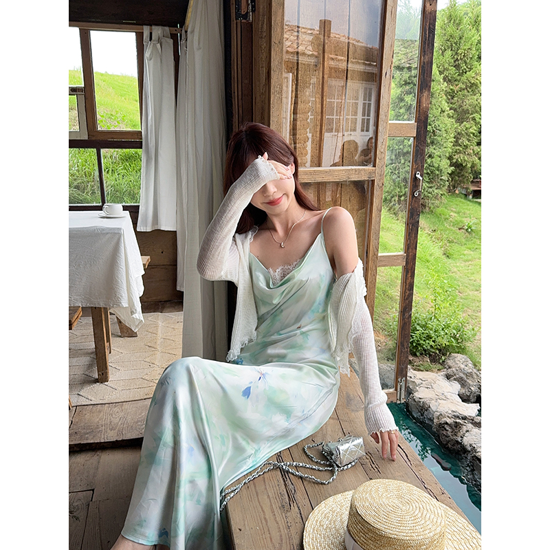 Resort Style Oil Painting Cowl Neck Lace A-Line Cami Dress - Image 5