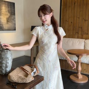 New Chinese Style Vintage Stand Collar Embroidered Jacquard Dress