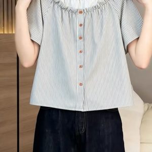 Korean Blue and White Striped Short Sleeve Shirt Women 2026 Summer New Unique Pretty Top Miu Style Outfit