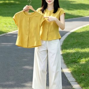 Yellow Round Neck Buttoned Waist Cinched Short Sleeve Shirt Blouse 2026 Summer Korean Dopamine Casual Versatile Top Women