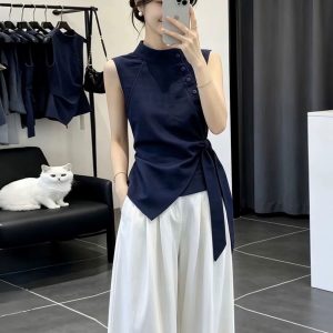 Women's Navy Stand Collar Loose Fit Sleeveless Shirt 2026 Summer
