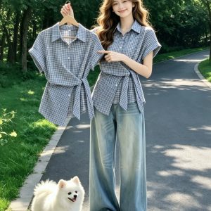 Blue Plaid Lace-Up Loose Collared Short Sleeve Shirt for Women 2026 Summer New Gentle Style Top