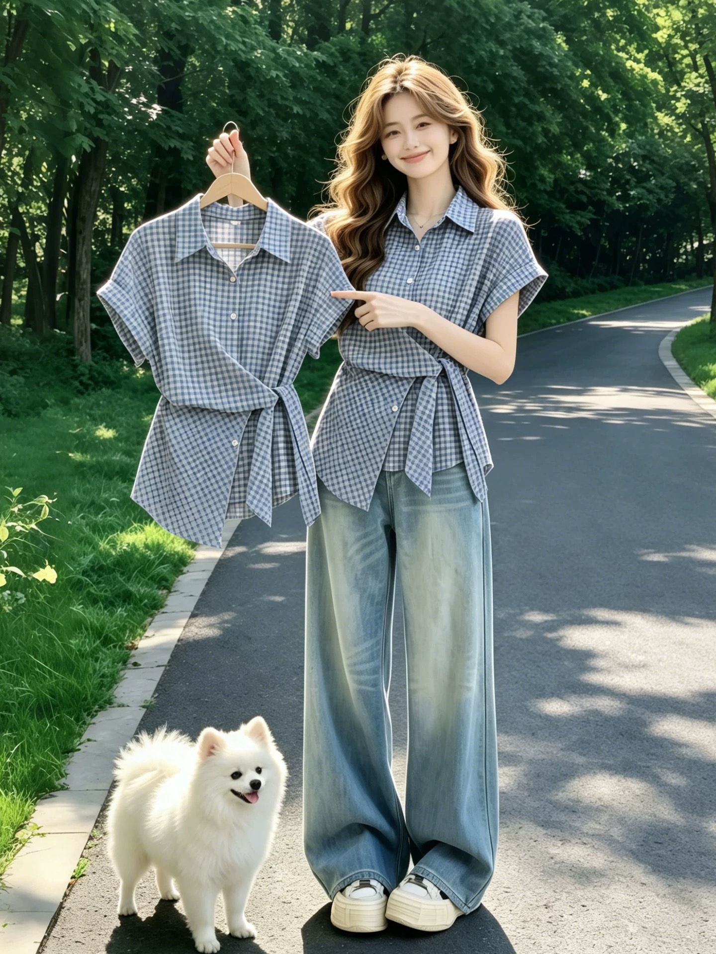Blue Plaid Lace-Up Loose Collared Short Sleeve Shirt for Women 2026 Summer New Gentle Style Top