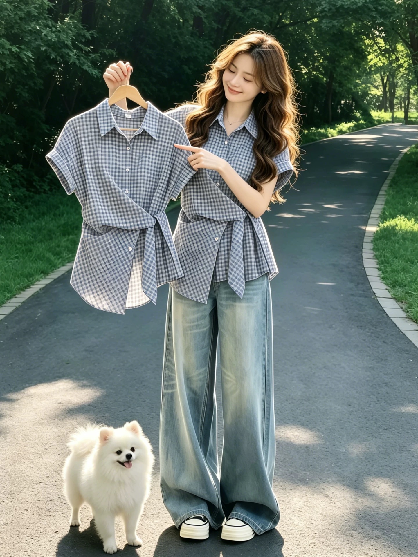 Blue Plaid Lace-Up Loose Collared Short Sleeve Shirt for Women 2026 Summer New Gentle Style Top - Image 2