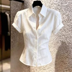 Women's White Button-Down Short Sleeve Shirt 2026 Summer