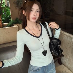 Blue V-Neck Color Block Long Sleeve Knit Base Layer Women's Fall Winter Slim Sweater Inner Top