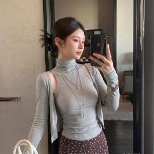 Women's High Neck Halter Tank Top and Long Sleeve Cardigan Set 2026 Fall Sun Protection Two-Piece Gray