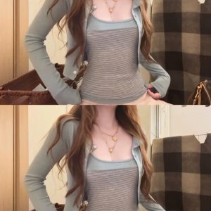 Korean Style Blue Cardigan and Striped Cami Two-Piece Set for Women Early Autumn Layering Long Sleeve T-Shirt