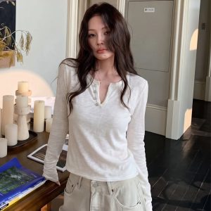 Korean Style White Half Open Neck Long Sleeve T-Shirt Women Fall Short Top