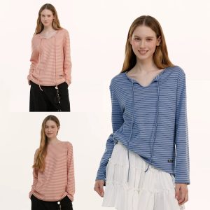 XINGHERD 2026 Striped Two-Way Tie Knit Long Sleeve Loose T-Shirt for Women