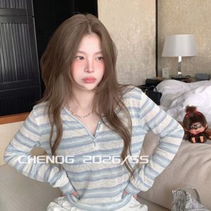 Women's Striped Long Sleeve Half Open Collar Button T-Shirt 2026 Casual Sun Protection Top