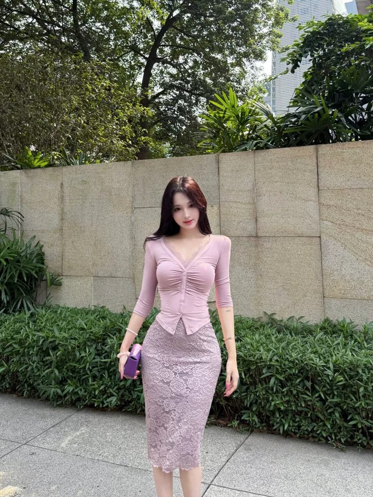 Purple Lace V-Neck Mid-Sleeve Top and Bodycon Skirt Two-Piece Set for Women Summer - Image 2