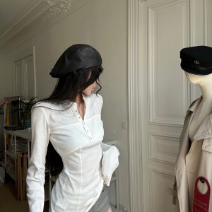 Women's White Stand Collar Long Sleeve Slim Fit T-Shirt Early Autumn Lightweight Top