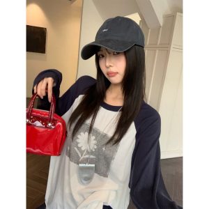 Women's Color-Block Sun Protection Long-Sleeve T-Shirt Loose Lightweight Raglan Sleeve Top for Fall