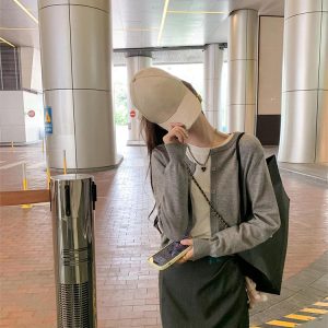 Korean Style Gray Knit Cardigan for Women Fall Thin Slimming Long Sleeve Round Neck Simple Outer Top